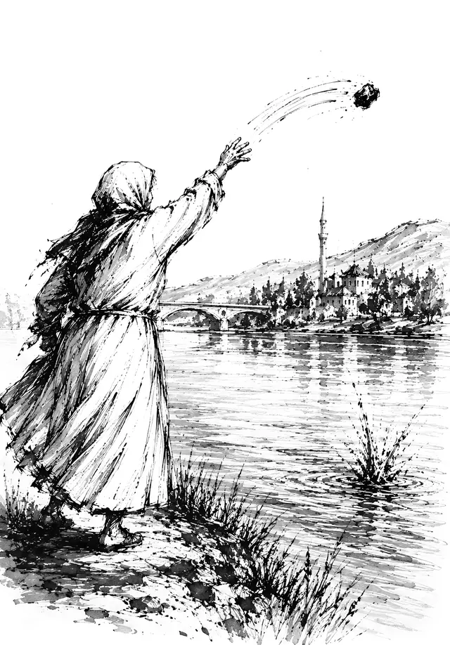 Ilustracija: žena u dugoj haljini baca kamen u rijeku pored grada