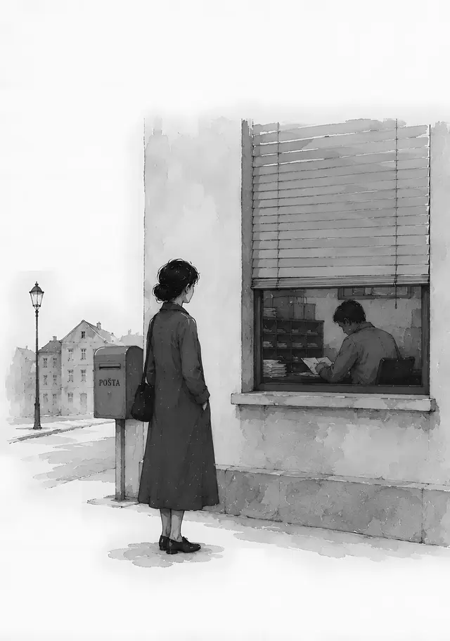 Ilustracija: žena u kaputu stoji pred prozorom kancelarije u večernjoj ulici